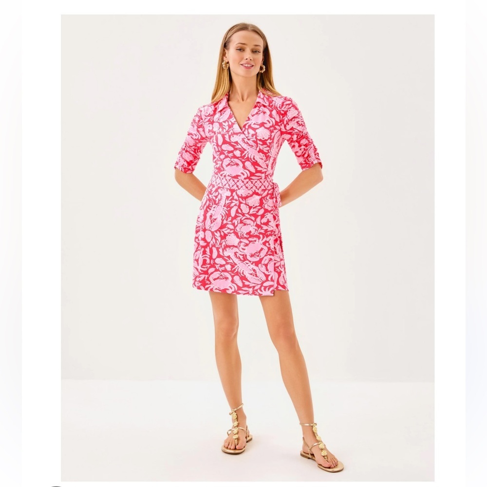 Lilly Pulitzer Extra Small Ibby Skirted Belted Wrap Romper Cane Coral Crab NWT